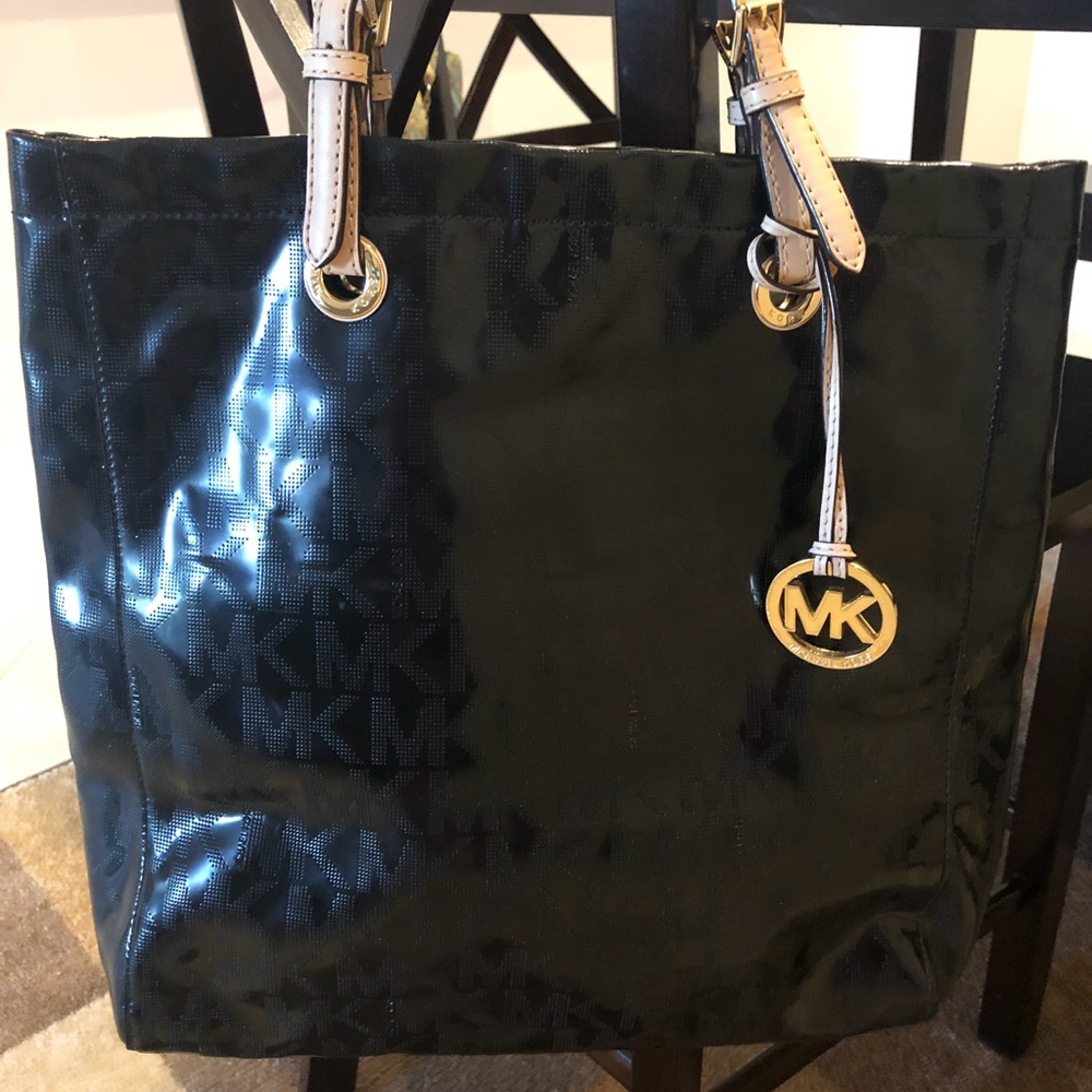 Michael Kors black mirror monogram patent tote